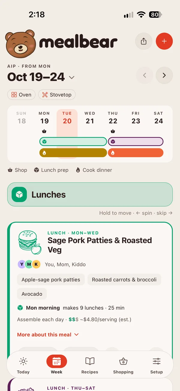 MealBear Week screen: a week of dinners and packed lunches laid out in colour-coded blocks